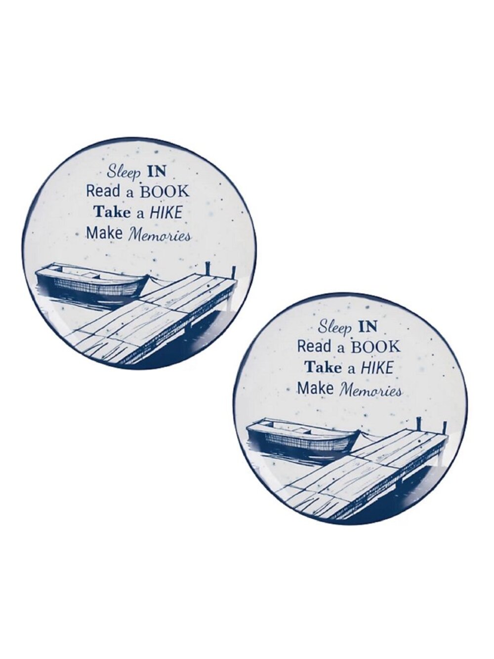 2 new Fitz and Floyd® 8.75" Blue/White SLEEP IN Accent Plates w/ Dock + Row Boat